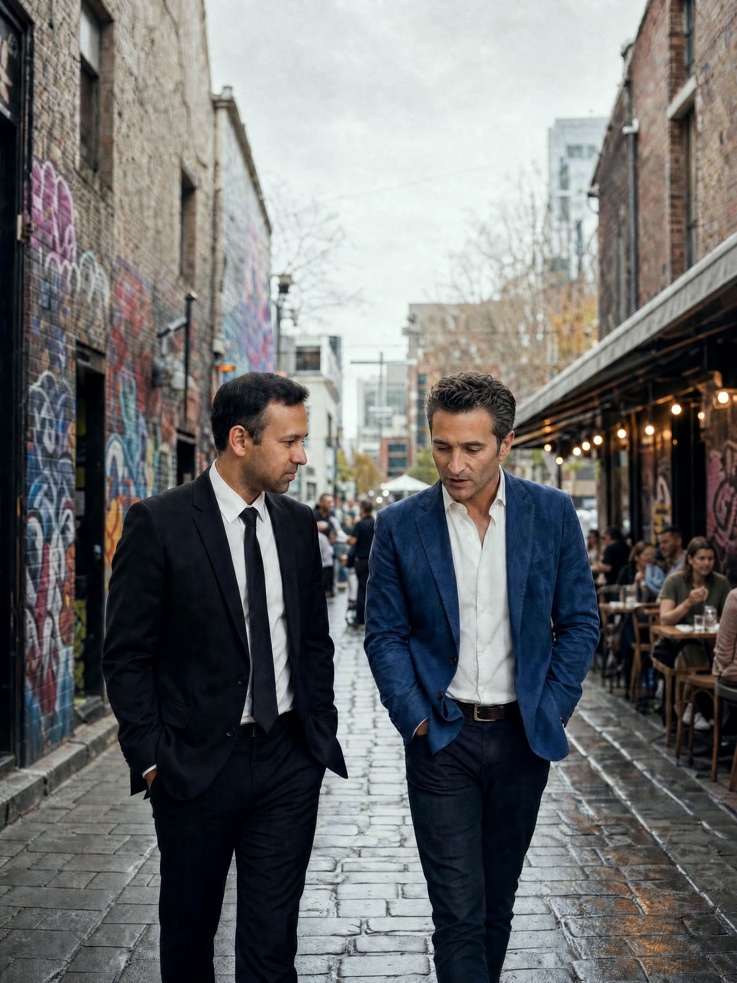 Sam and Mithun walking towards the camera through a Melbourne bluestone laneway, mid-conversation, street art and a cafe behind them.