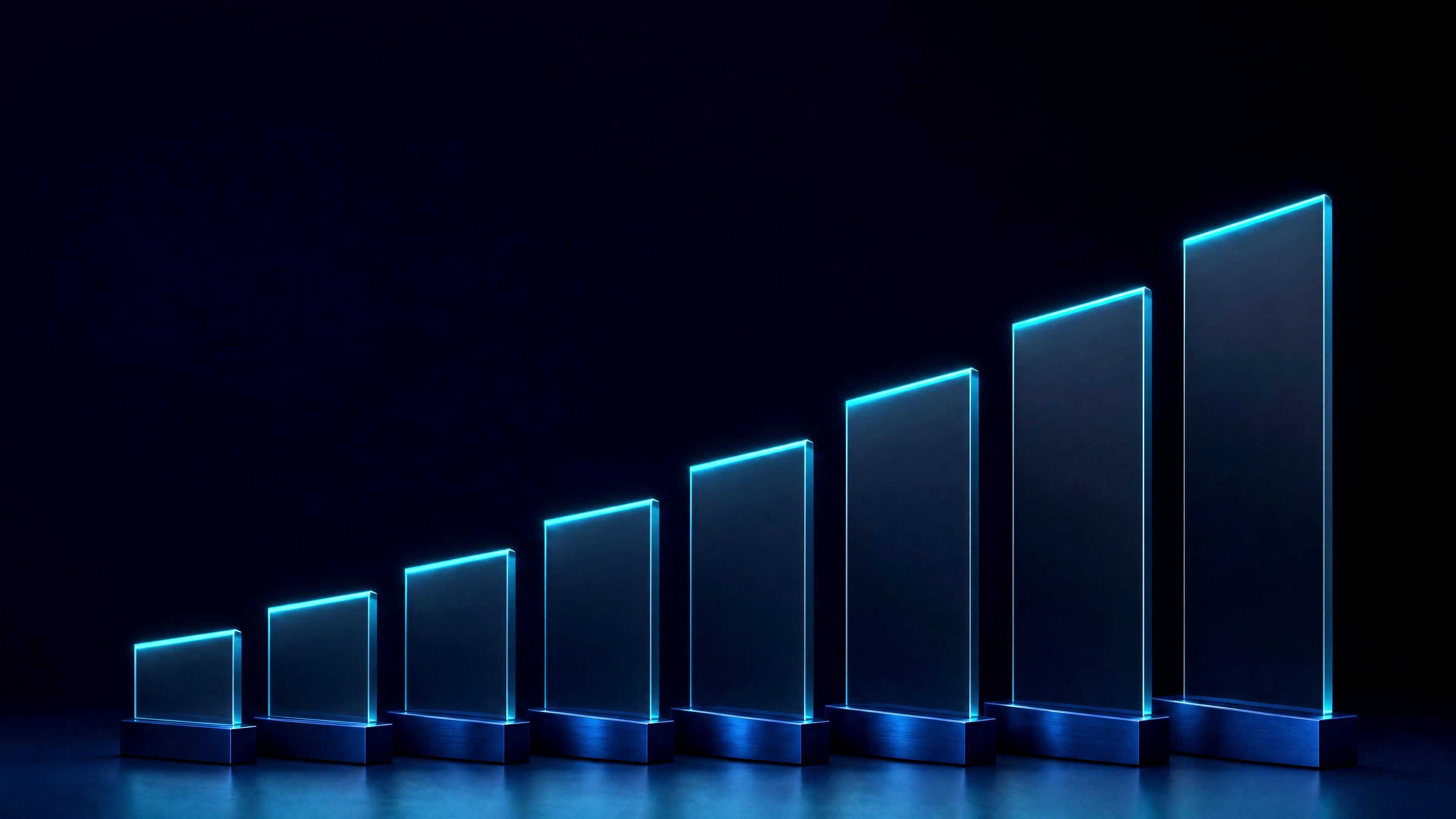 Seven translucent glass planes stepping upward from left to right, each top edge catching jade light, on deep navy.