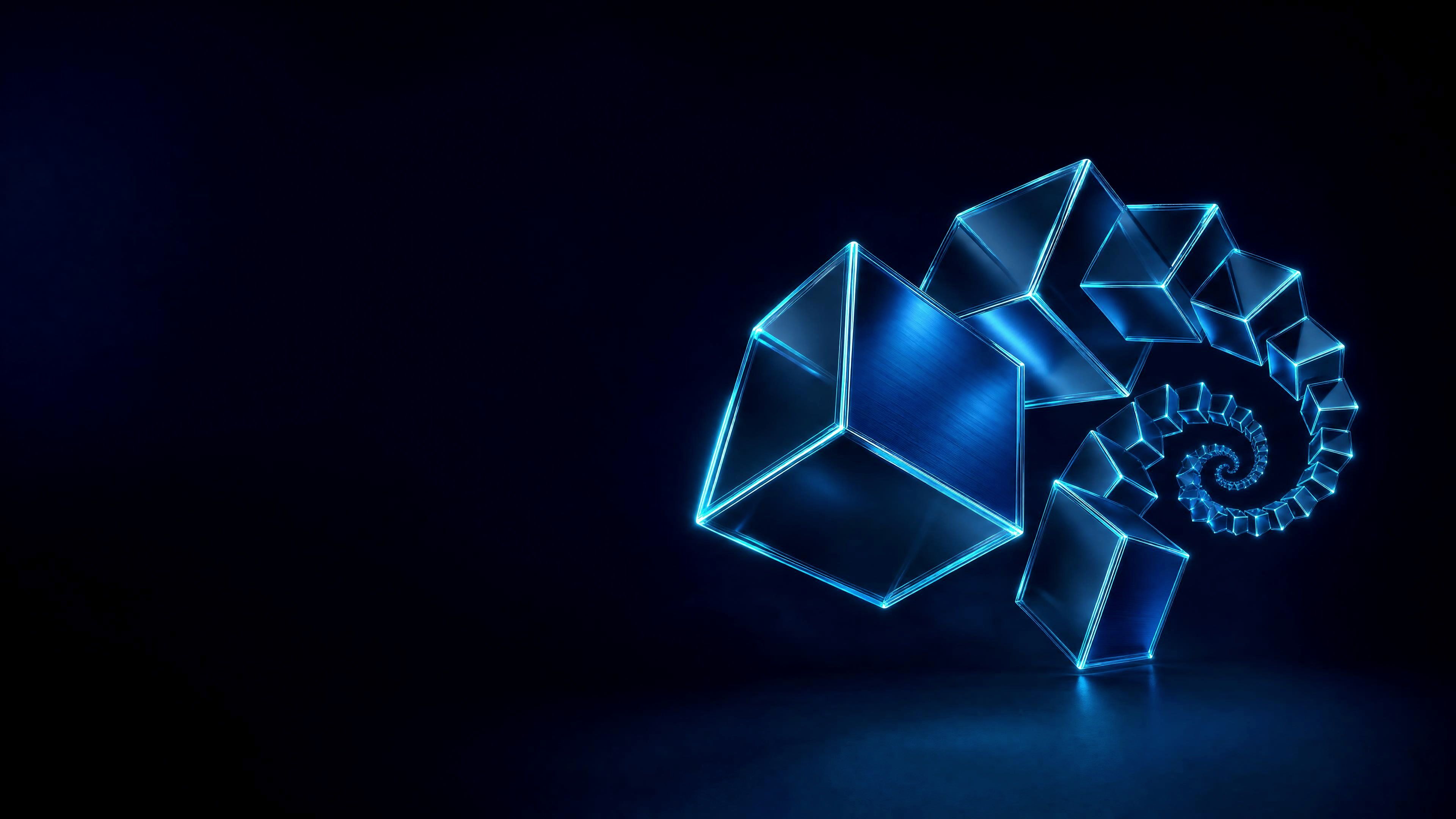 Glass cubes of decreasing size spiralling into the distance on the right, each edge picked out in jade light.