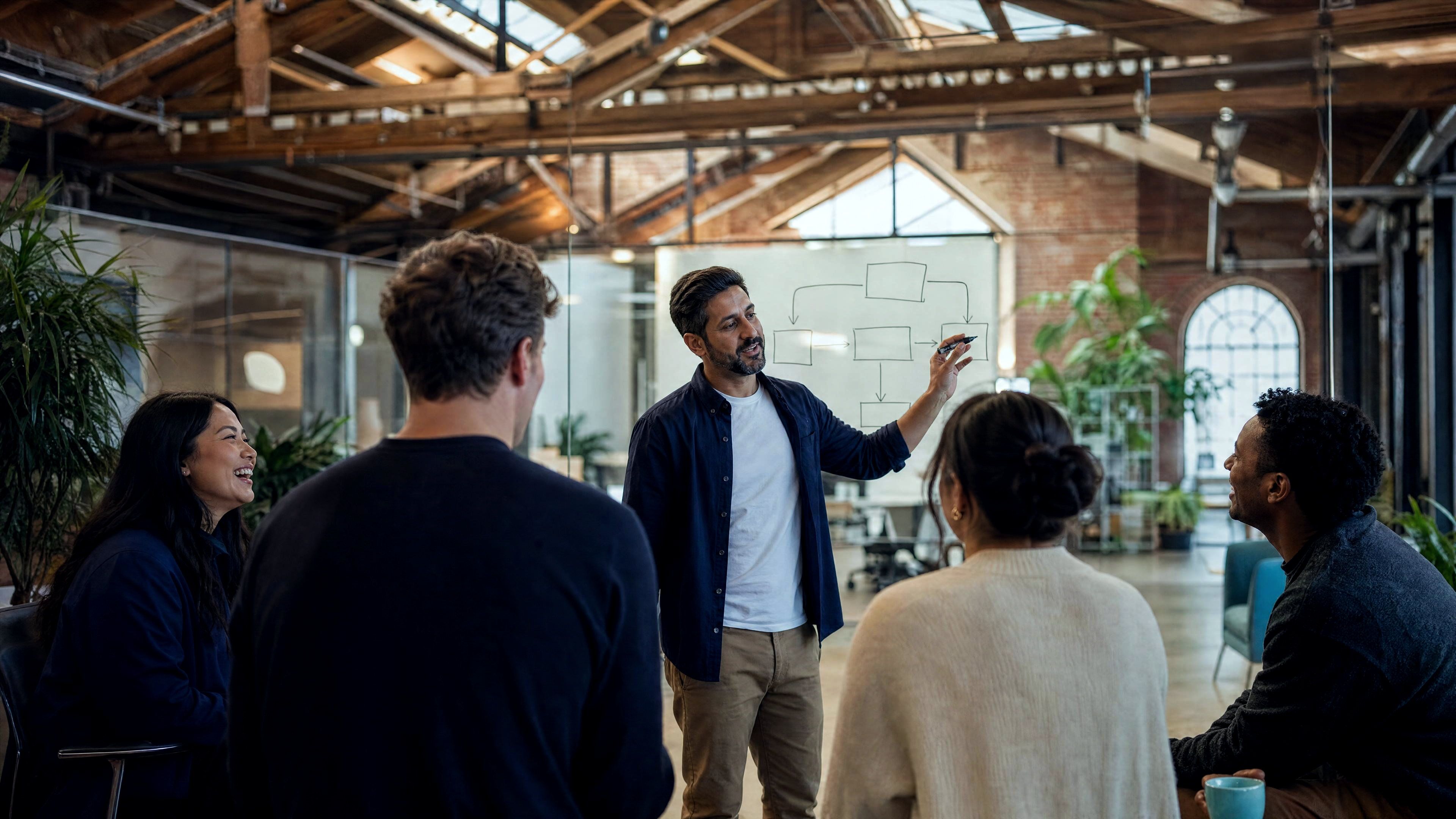 A consultant drawing a process flow on a glass whiteboard for four colleagues in a red-brick warehouse office.