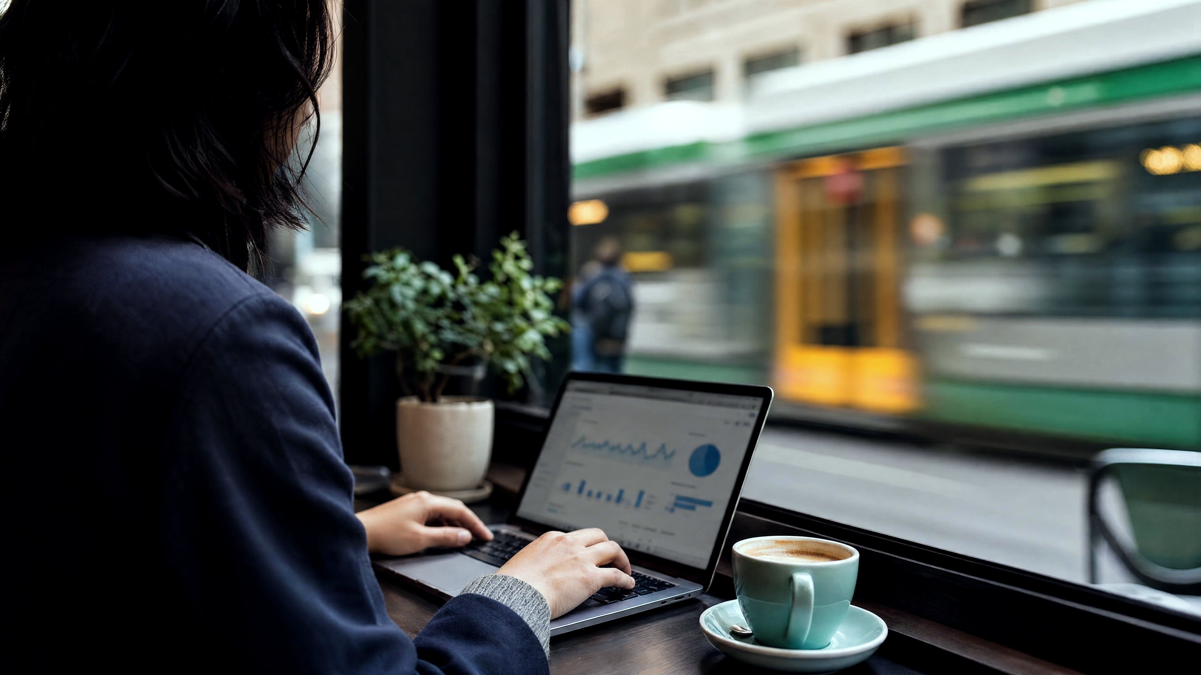 Hands typing on a laptop at a cafe window seat, an out-of-focus dashboard on screen, a tram passing outside.