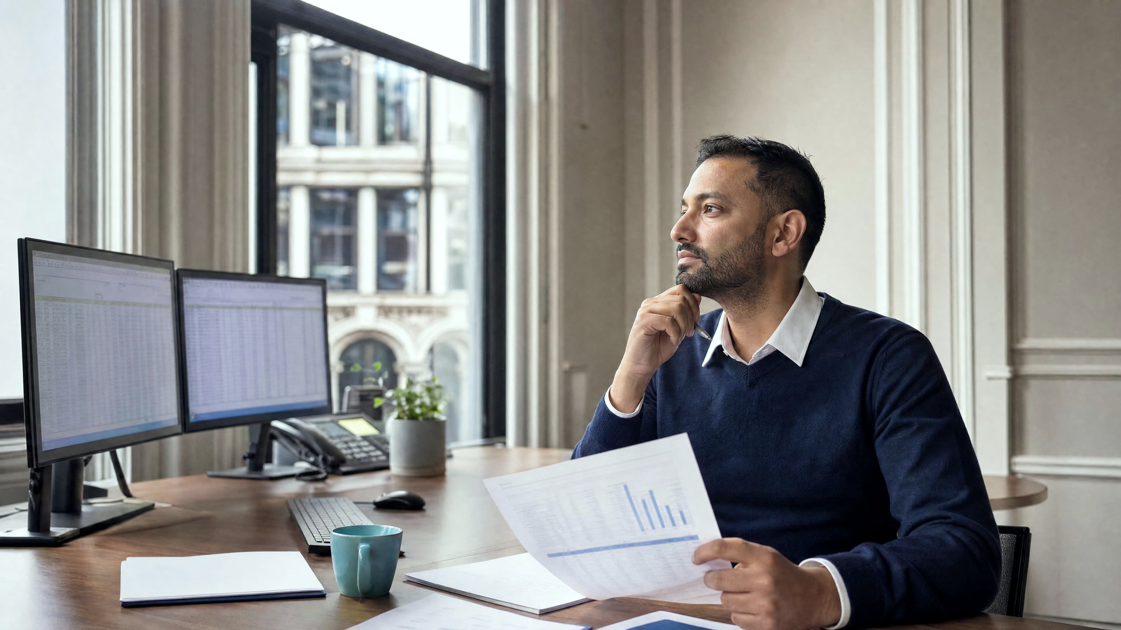 An accountant at a two-monitor desk holding a printed report, in a heritage Queen Street office with tall sash windows.