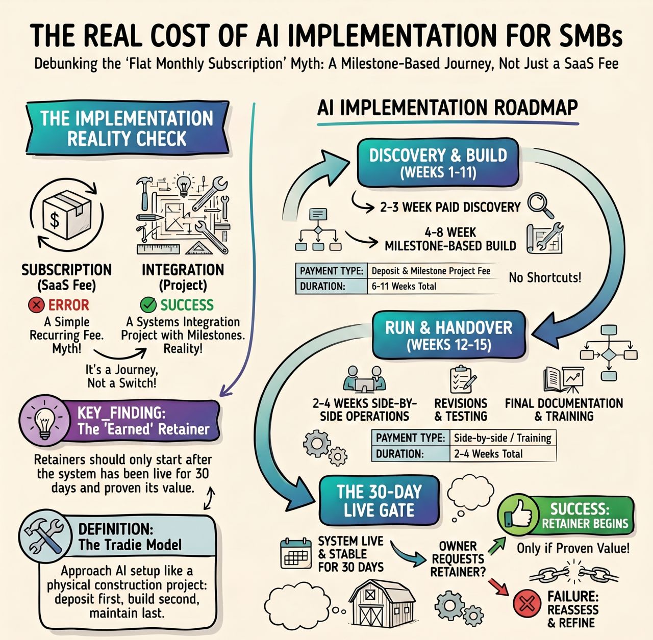 Infographic showing the AI implementation roadmap: Discovery and Build (Weeks 1 to 11), Run and Handover (Weeks 12 to 15), and the 30-day live gate before a retainer begins.