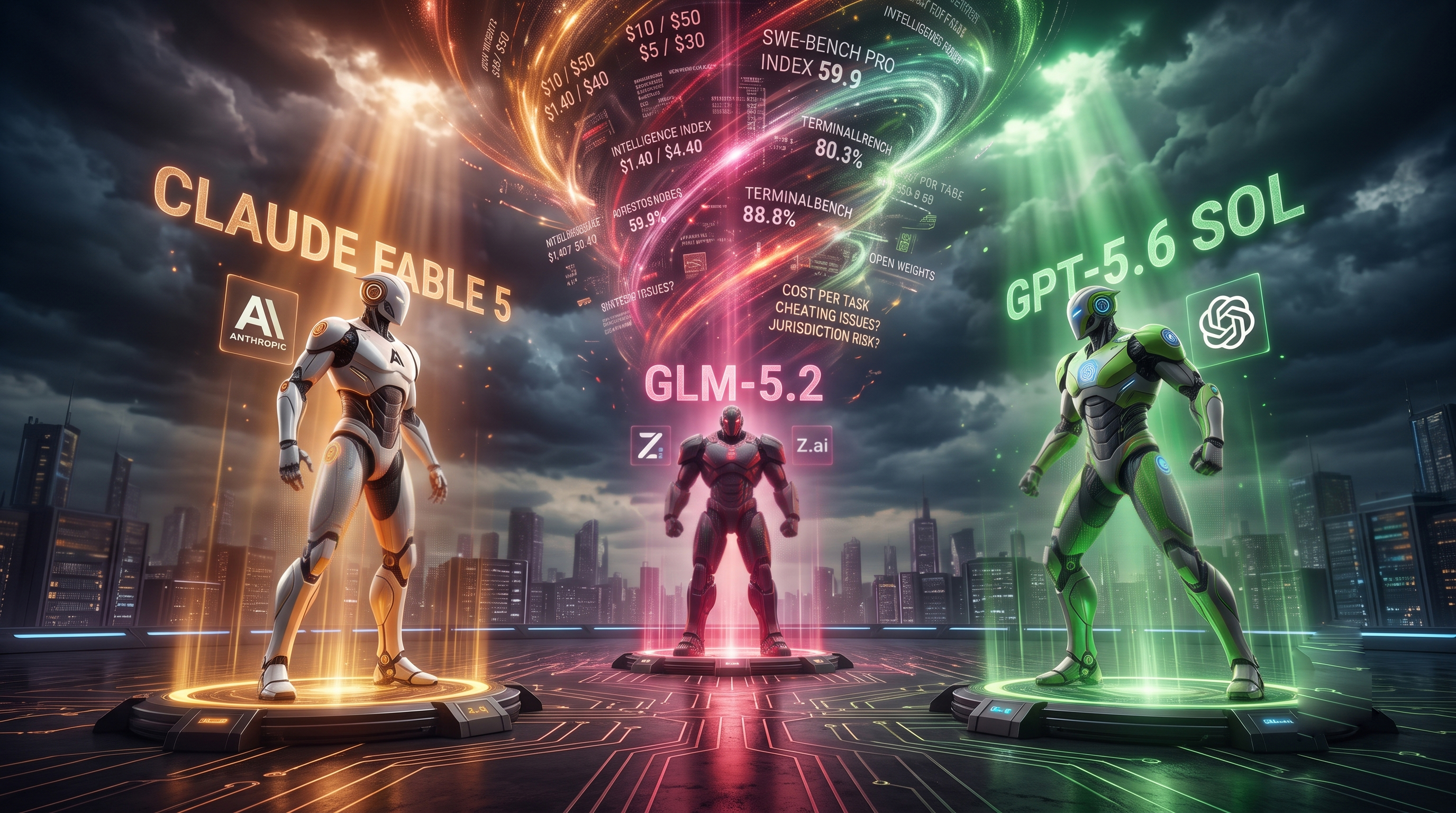 Three armoured robot figures representing Claude Fable 5, GLM-5.2, and GPT-5.6 Sol facing off in a city skyline, surrounded by swirling pricing and benchmark data