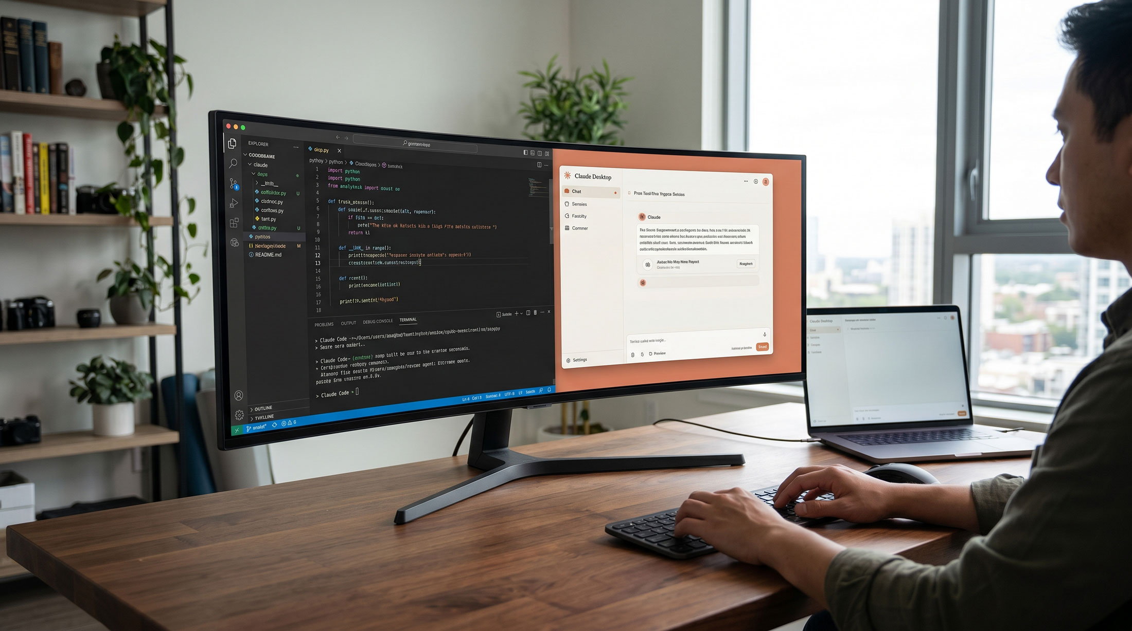 Developer using Claude Code on desktop alongside a code editor, showing the Claude Desktop app interface in action